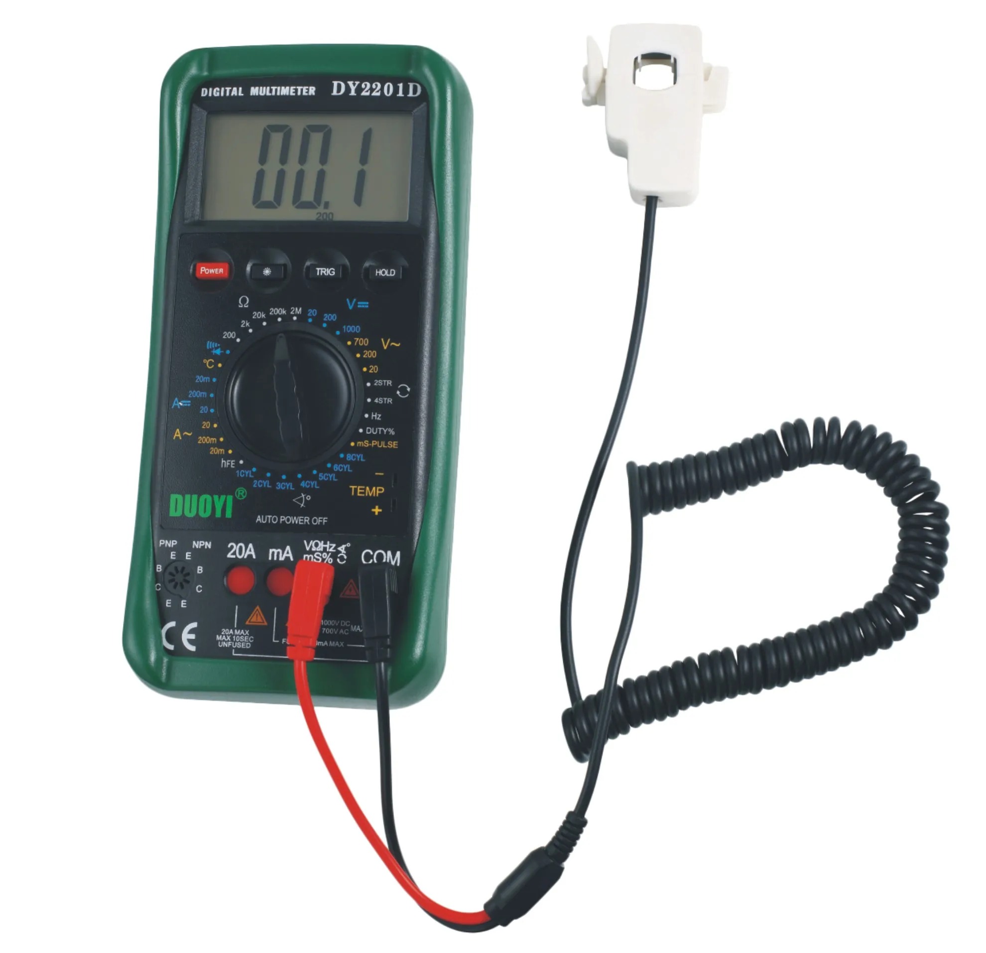 DUOYI DY2201D LCD Digital Automotive Multimeter with Speed Conversion Sensor Non-contact RPM Dwell Angle Frequency Temperature Tester