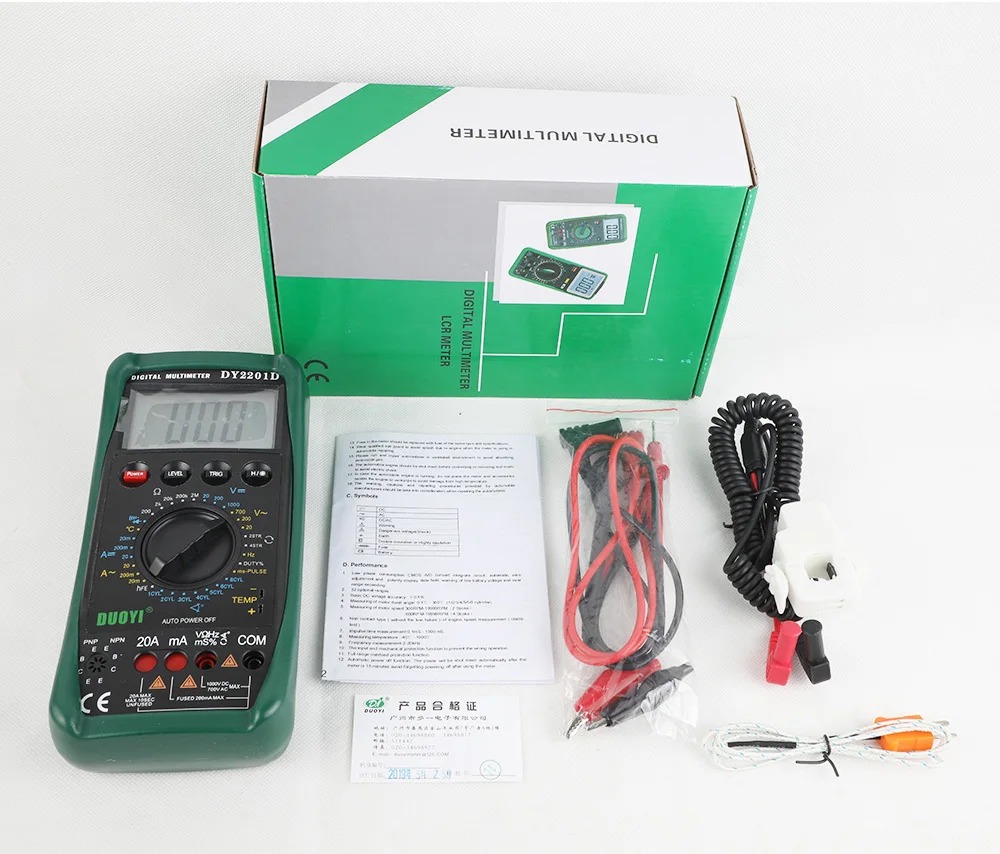 DUOYI DY2201D LCD Digital Automotive Multimeter with Speed Conversion Sensor Non-contact RPM Dwell Angle Frequency Temperature Tester