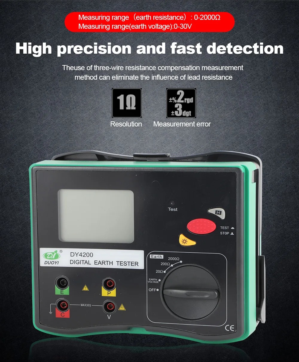 DUOYI DY4200 Digital 3-Terminal Earth Resistance Tester Digital Earth Ground Resistance Tester Multimeter Meter Electrical Instrument 0.01 - 2000 ohm