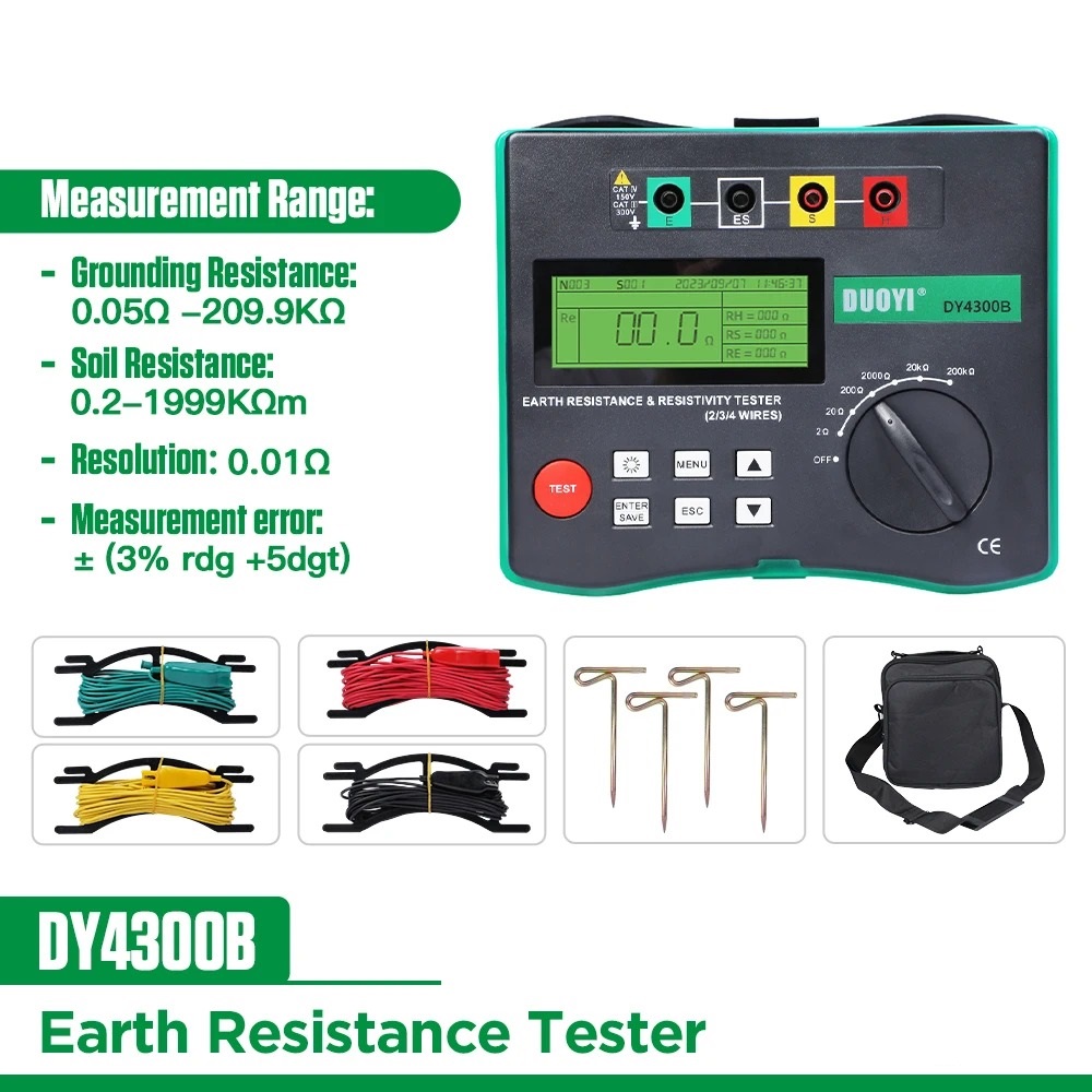 DUOYI DY4300B Digital 4-Terminal Earth Resistance and Soil Resistivity Tester Ground Resistance Megohmmeter Soil Resistivity Component Tester 0~209.9KΩ