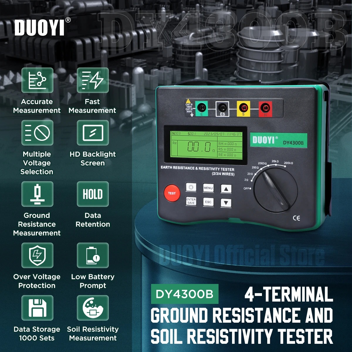 DUOYI DY4300B Digital 4-Terminal Earth Resistance and Soil Resistivity Tester Ground Resistance Megohmmeter Soil Resistivity Component Tester 0~209.9KΩ
