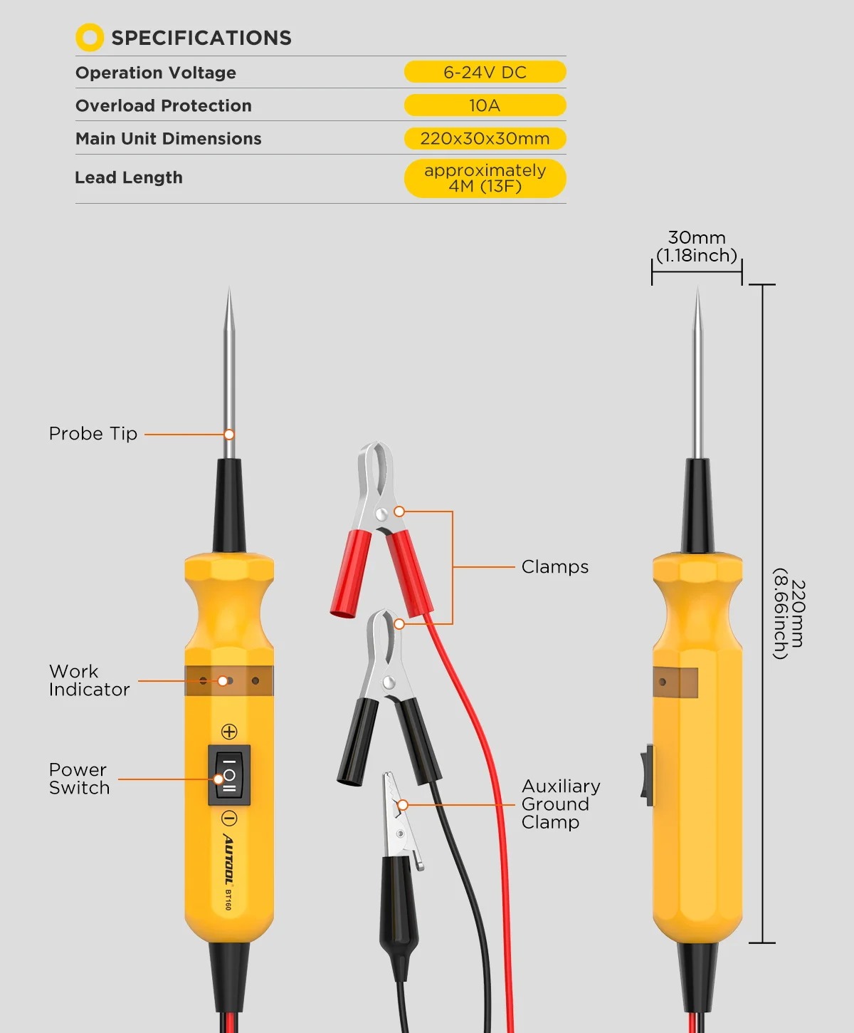 10Pcs/lot Autool BT160 Car Circuit Tester Power Probe Car Diagnostic Tool Electric Voltage Integrated Scanner for 12V Car 24V Heavy Truck