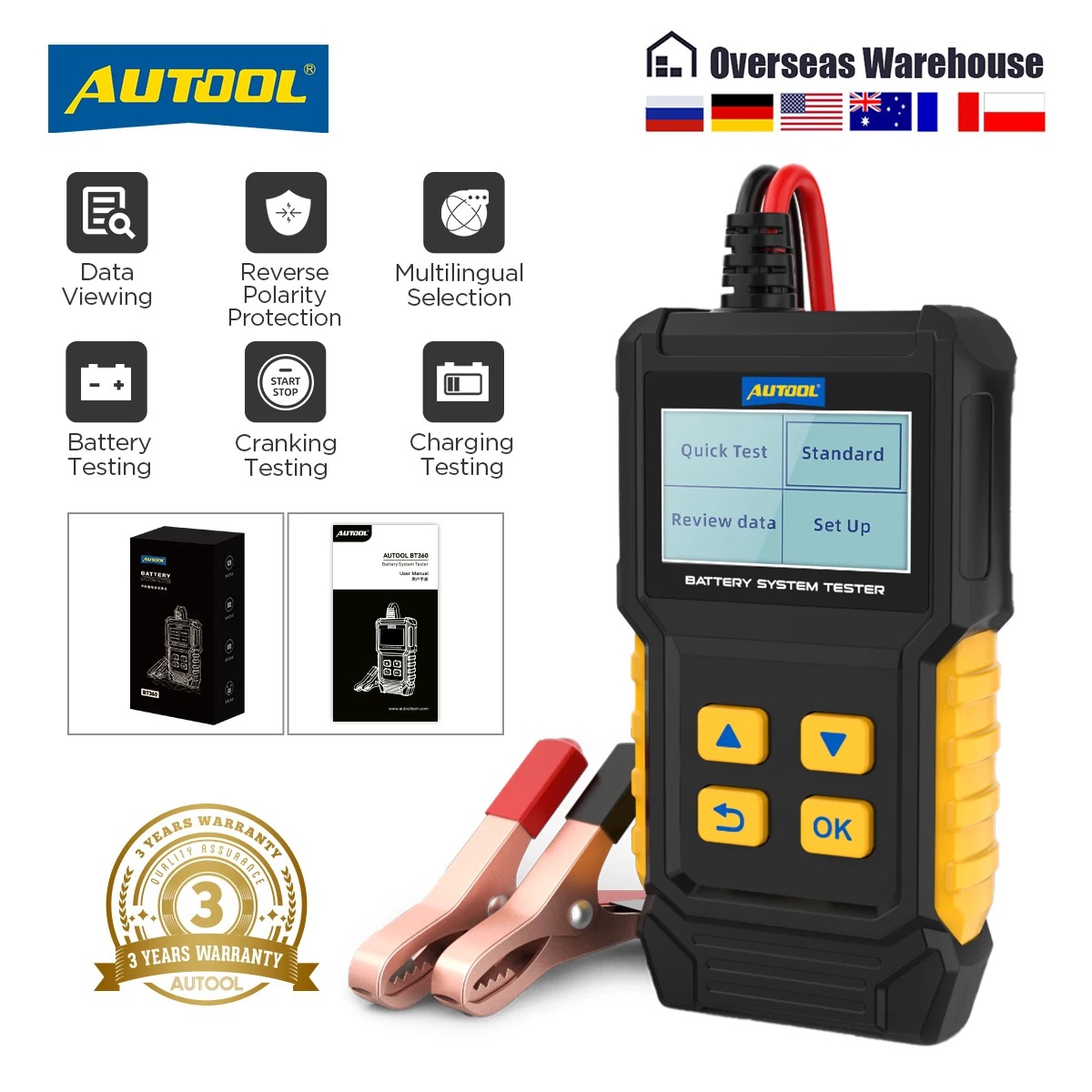 AUTOOL BT360 8-20V Car Battery Diagnostic Tester 30-100AH Automotive Battery Tester Analyzer Vehicle 20-2000CCA Battery Tester