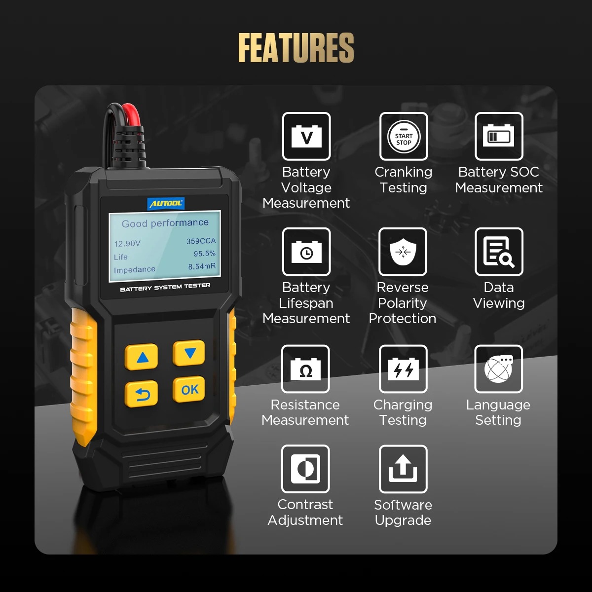 AUTOOL BT360 8-20V Car Battery Diagnostic Tester 30-100AH Automotive Battery Tester Analyzer Vehicle 20-2000CCA Battery Tester