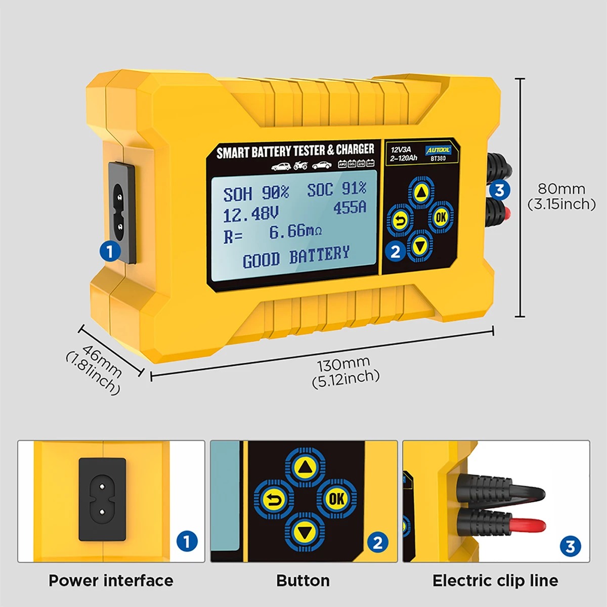 Autool BT380 12V Car Battery Tester Pulse Repair 3A Battery Charger Power Bank Wet Dry AGM Gel Lead Acid Repair Tool PK KW510