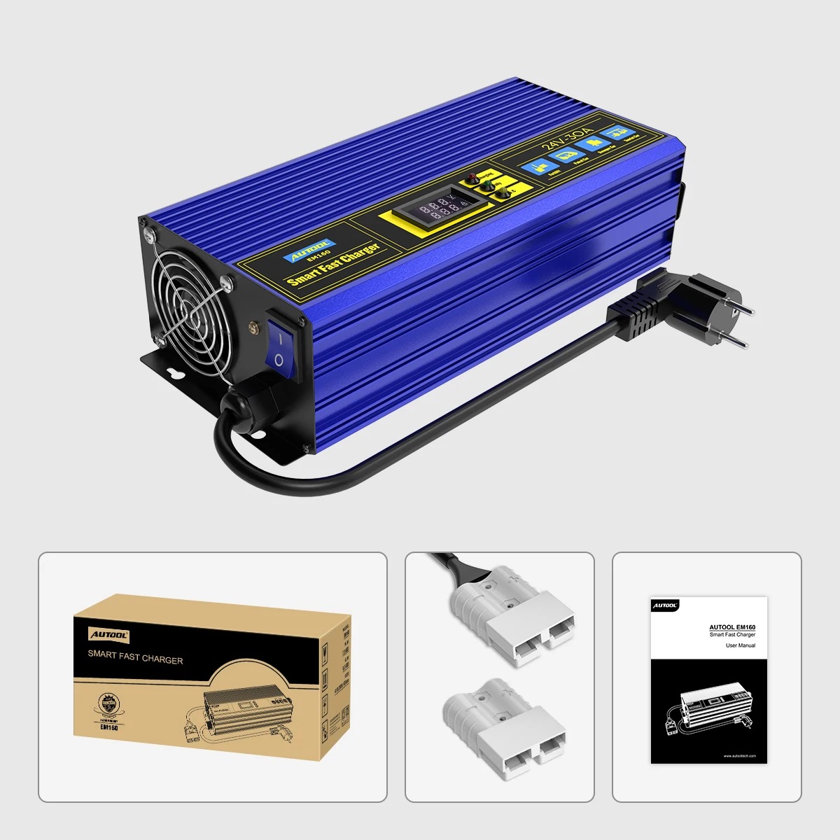 AUTOOL EM160 Car Charger Fully-Automatic Smart Car Fast Charger 24V 30A for Forklift Club Car Golf Cart 200AH-300AH Fast Charger