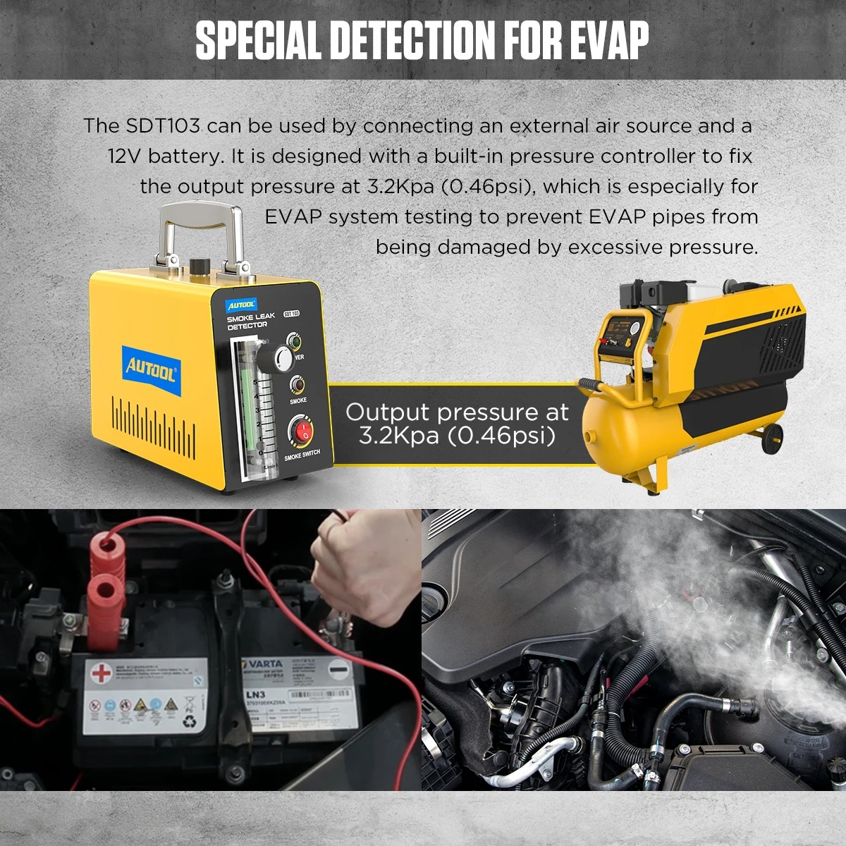 AUTOOL SDT103 Car Smoke Leak Detector for EVAP System Automotive EVAP Leakage Gas Pipe Systems Diagnostic Smog Machine Tester12V