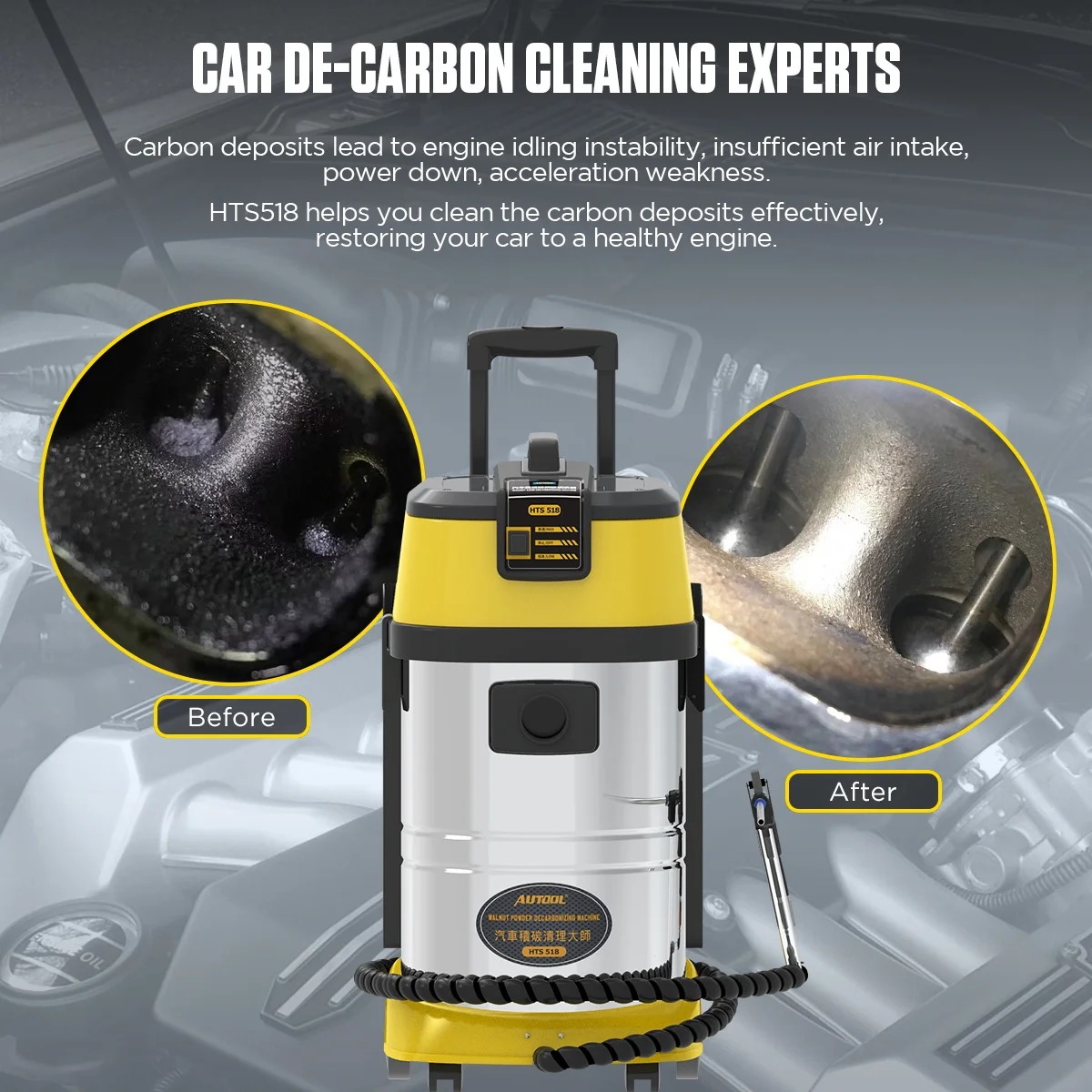 AUTOOL HTS518 Car Engine Carbon Deposition Cleaner Walnut Sand Decarbonizing Decarbon Wash Intake Pipe Valve Cleaning Machine