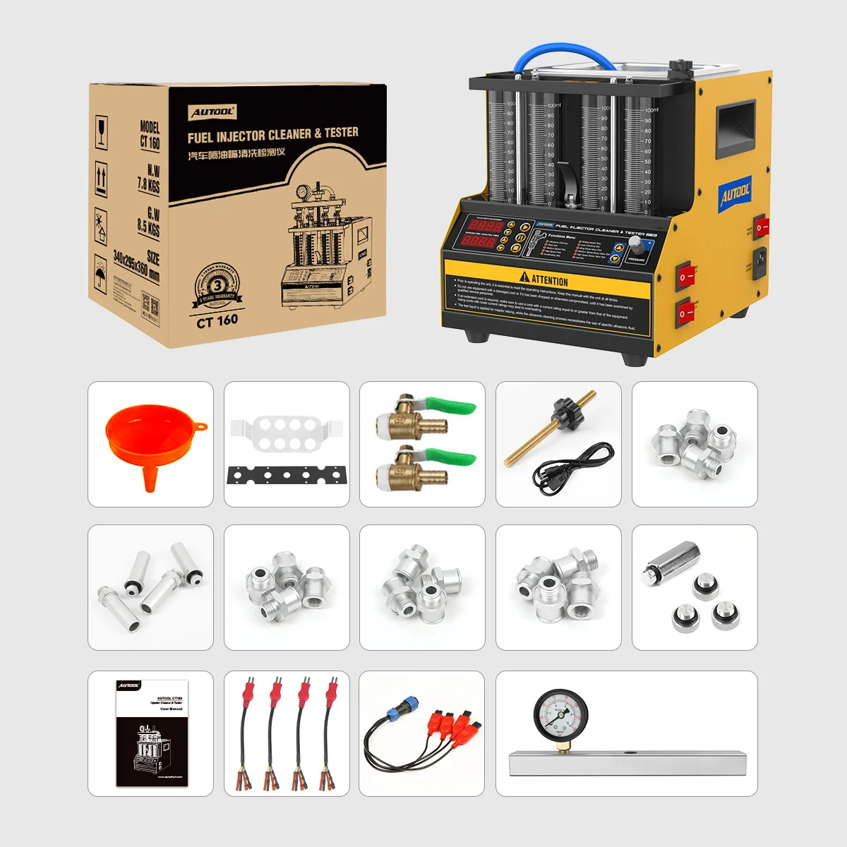 AUTOOL CT160 Car Fuel Injector Heating Ultrasonic Cleaning Machine Motorcycles Fuel Injector Tester Check Leaking Blocking