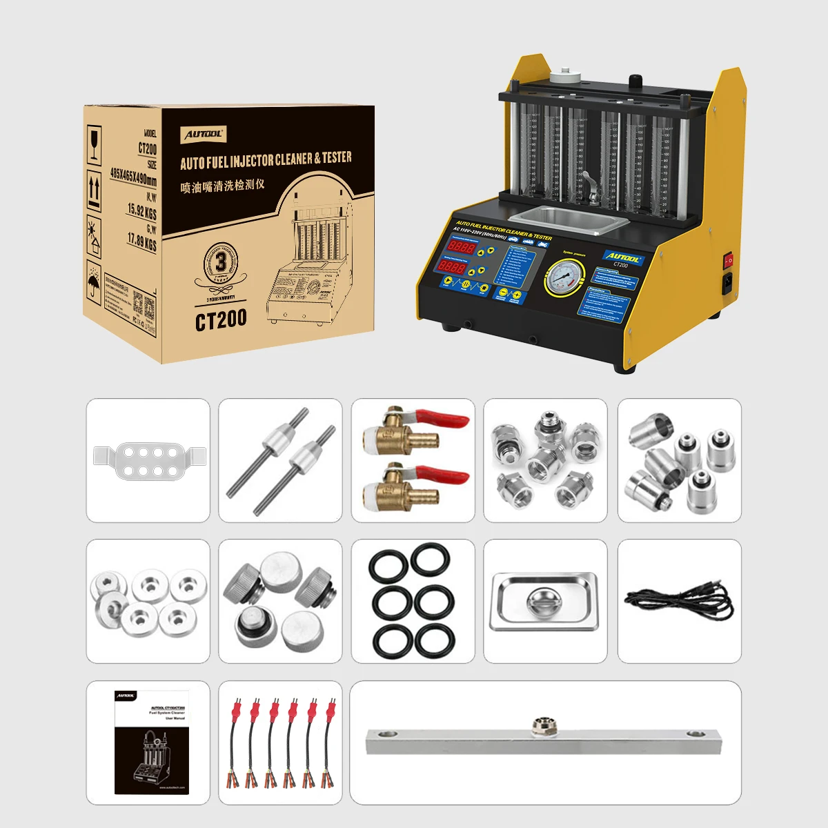 AUTOOL CT200 Auto Petrol Injector Fuel Injector Cleaning Machine 6 Cylinder Ultrasonic Injector Cleaner and Tester