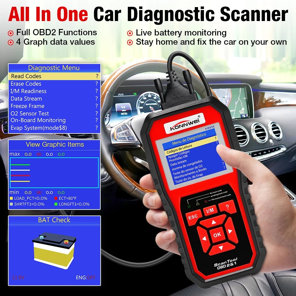 KONNWEI KW850 OBD2 Scanner KW 850 OBDII Functions Engine Check/O2 Sensor/Battery Tester Automotive Diagnostic Tools Code Reader