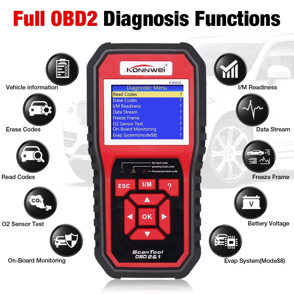 KONNWEI KW850 OBD2 Scanner KW 850 OBDII Functions Engine Check/O2 Sensor/Battery Tester Automotive Diagnostic Tools Code Reader
