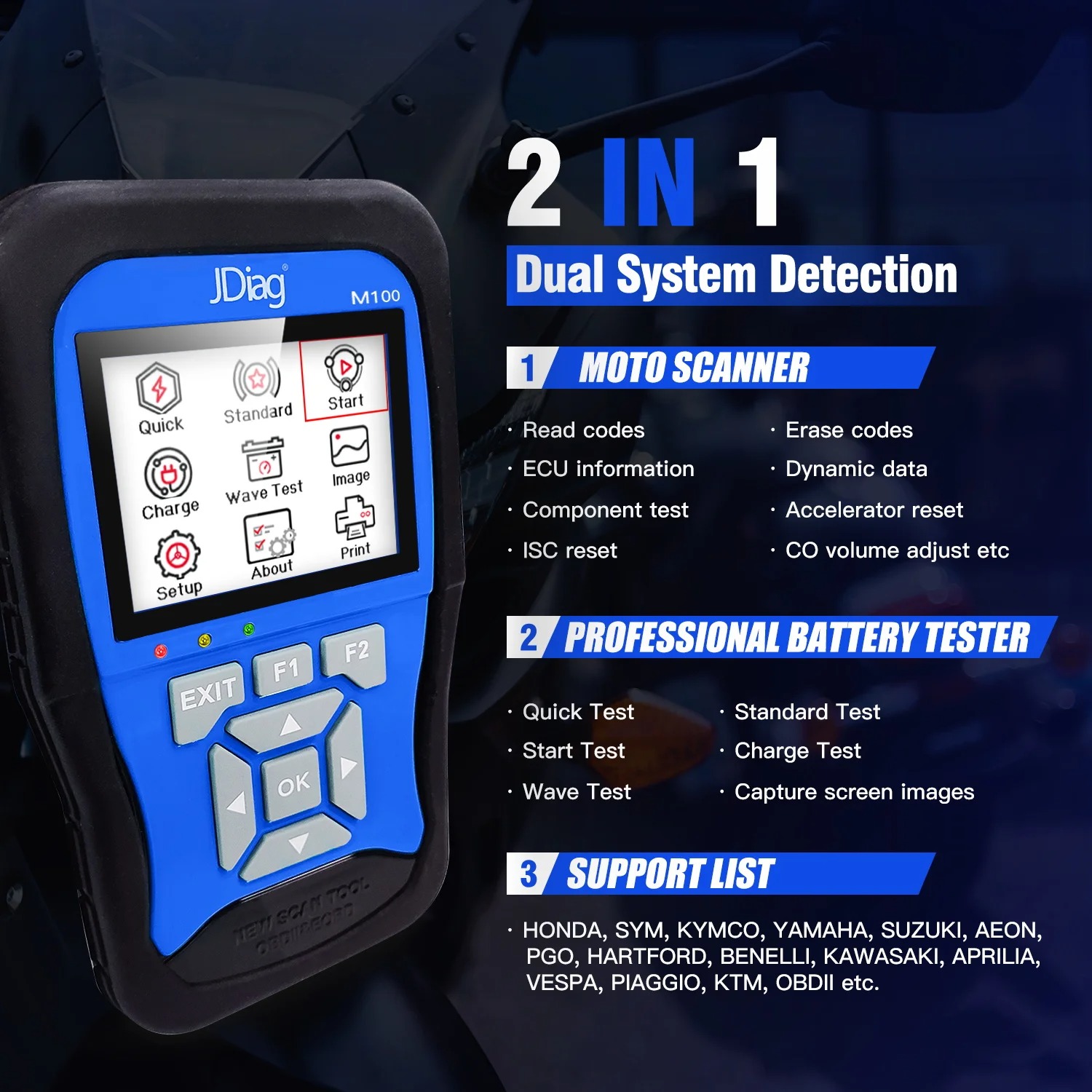 Jdiag M100 Motorcycle Tester Diagnostic Tool Encoding Keys TPS ABS Anti-theft Test Multi-Language for Kawasaki Ya-maha Suzuki
