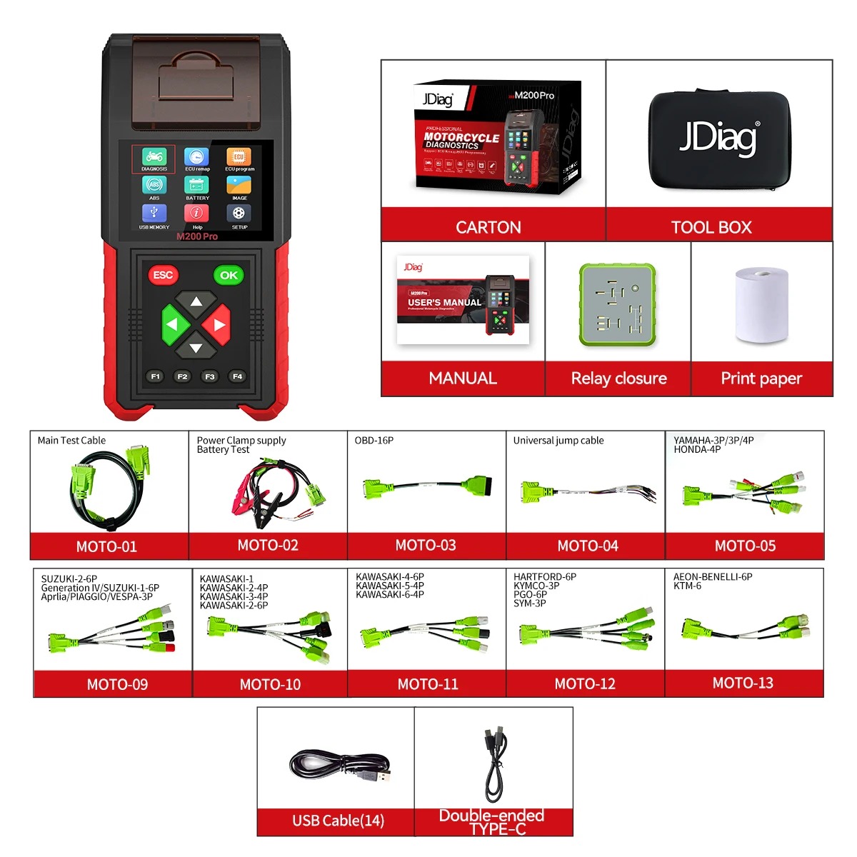 JDiag M200Pro M200 PRO Upgarded of Jdiag M200 Full Motorcycle Diagnostic Tool upport ECU Remap programming Battery Tester