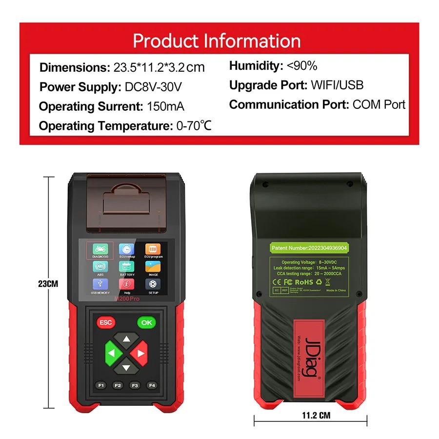 JDiag M200Pro M200 PRO Upgarded of Jdiag M200 Full Motorcycle Diagnostic Tool upport ECU Remap programming Battery Tester