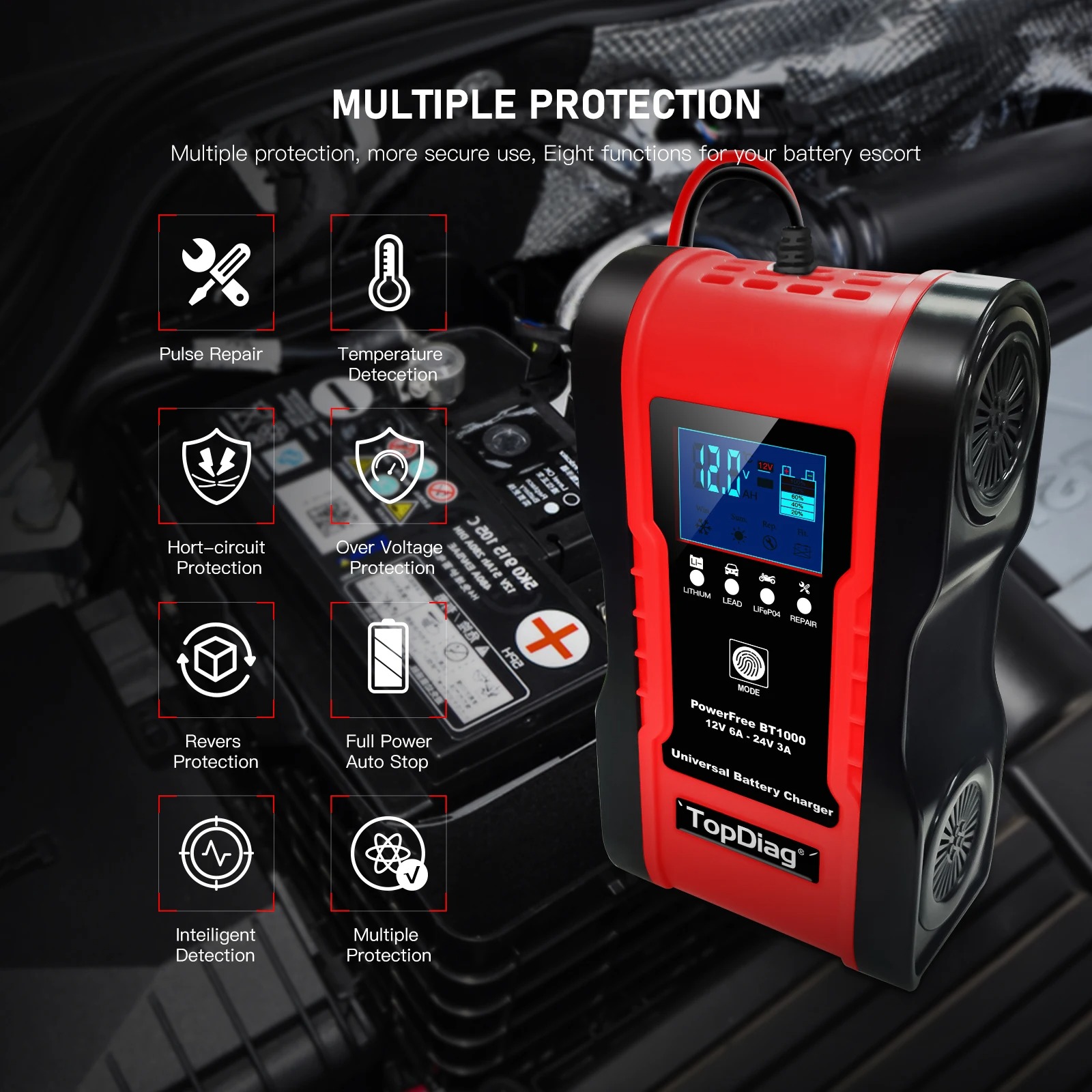 Jdiag BT1000 12V 24V 6A Car Battery Charger Pulse Repair 7-stage Charger for GEL WET AGM 12.6V Lithium LiFePO4 LiPo Battery