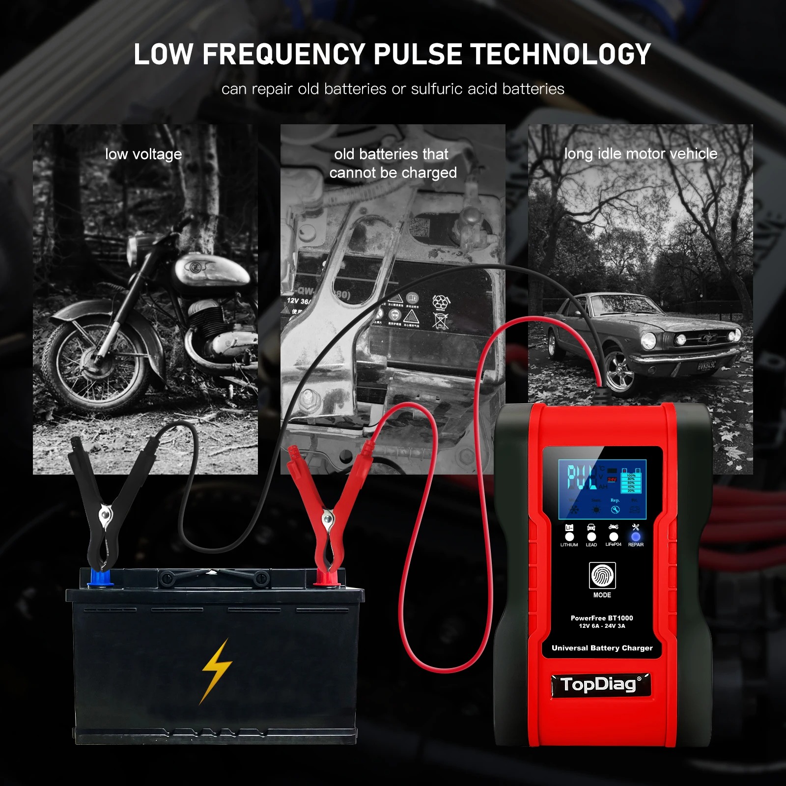 Jdiag BT1000 12V 24V 6A Car Battery Charger Pulse Repair 7-stage Charger for GEL WET AGM 12.6V Lithium LiFePO4 LiPo Battery