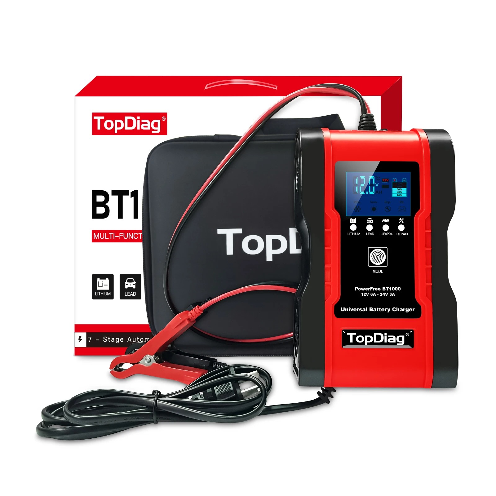 Jdiag BT1000 12V 24V 6A Car Battery Charger Pulse Repair 7-stage Charger for GEL WET AGM 12.6V Lithium LiFePO4 LiPo Battery
