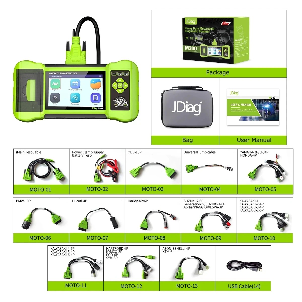 JDiag M300 Motorcycle Diagnostic OBD2 Scanner Moto Diagnose Tool Clear Fault Code ABS Engine For BMW Ducati Harley Honda Yamaha