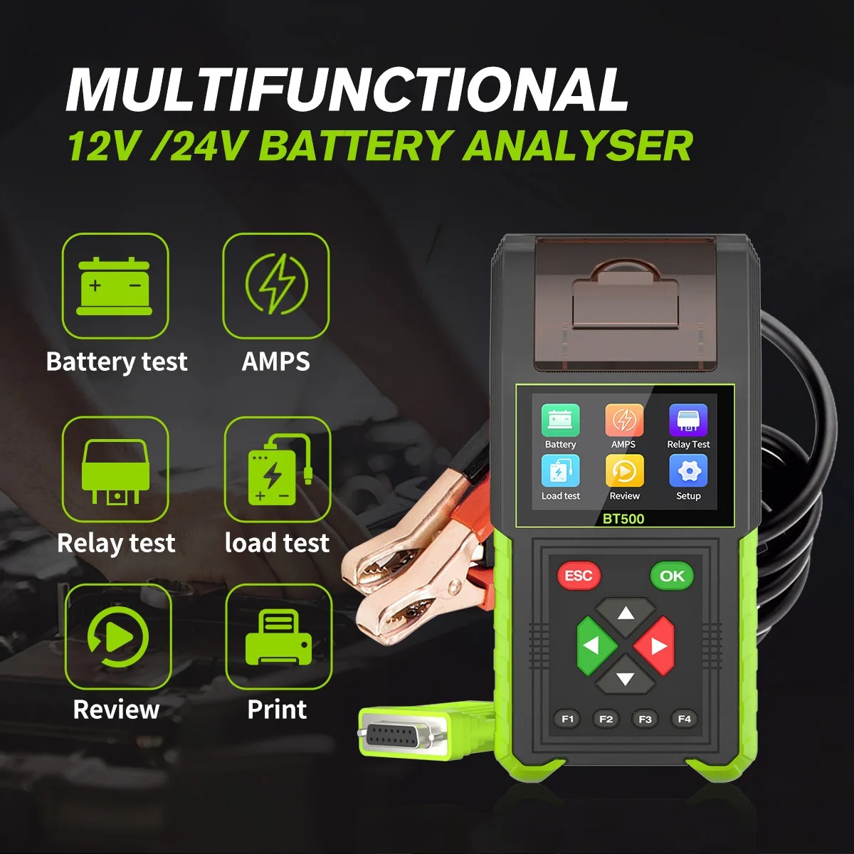 JDIAG BT500 Car Battery Tester 20-2000CCA 12V 24V Leakage Detect Load Relay Test Auto Battery Analyzer Battery Tool