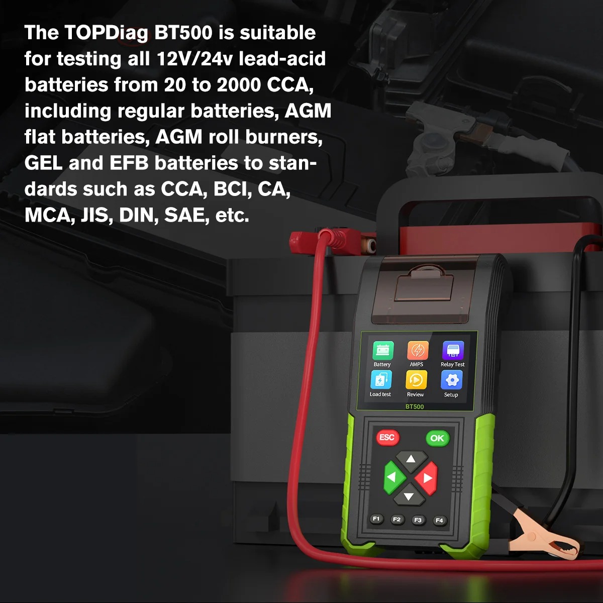 JDIAG BT500 Car Battery Tester 20-2000CCA 12V 24V Leakage Detect Load Relay Test Auto Battery Analyzer Battery Tool