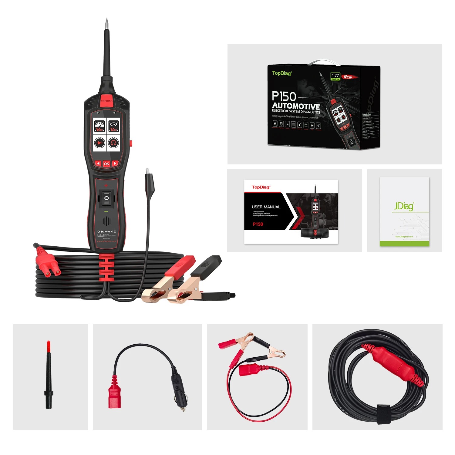 JDiag P150 Original Automotive Circuit Tester Power Circuit Probe Kit Built-in Flashlight Electrical System Diagnostic Tools