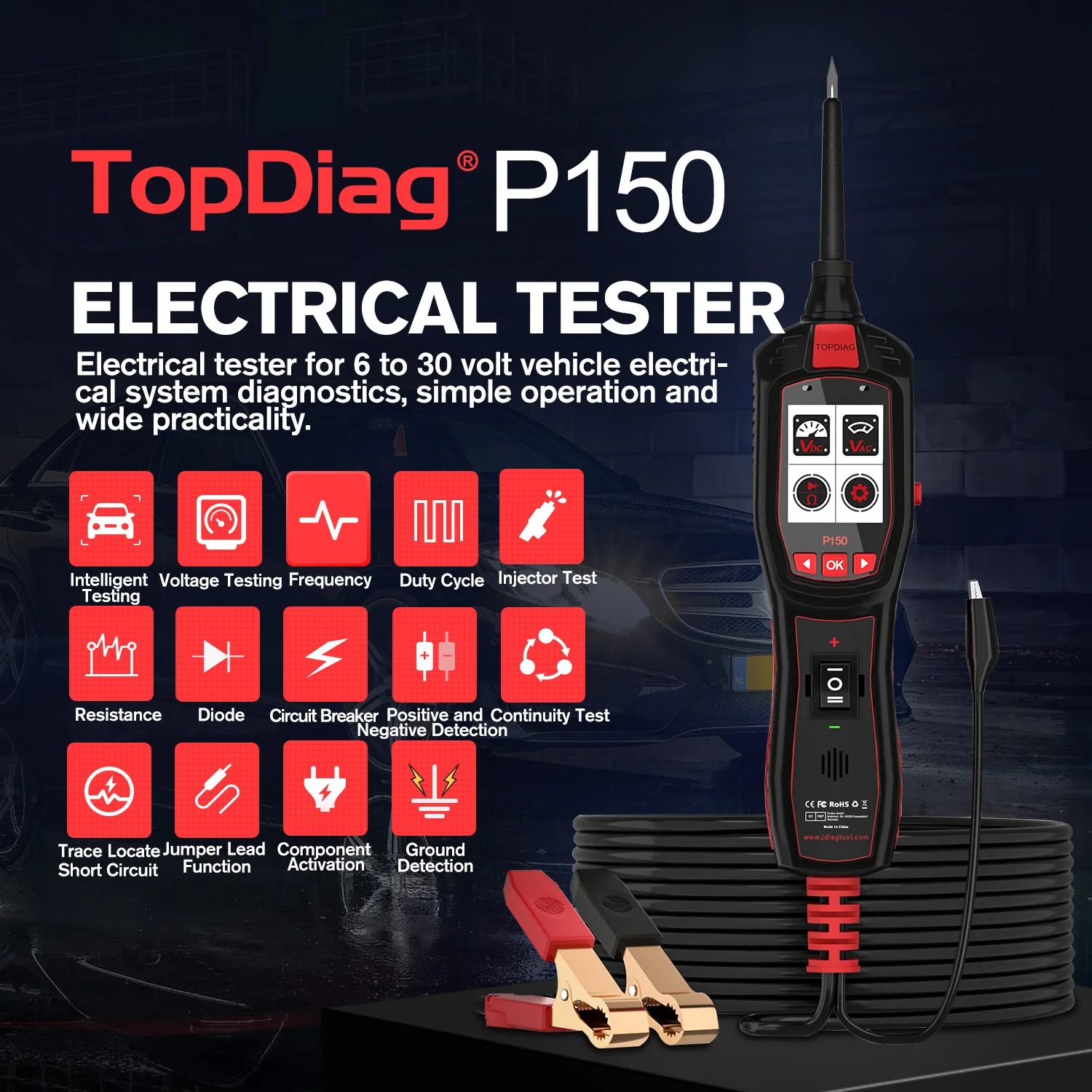 JDiag P150 Original Automotive Circuit Tester Power Circuit Probe Kit Built-in Flashlight Electrical System Diagnostic Tools