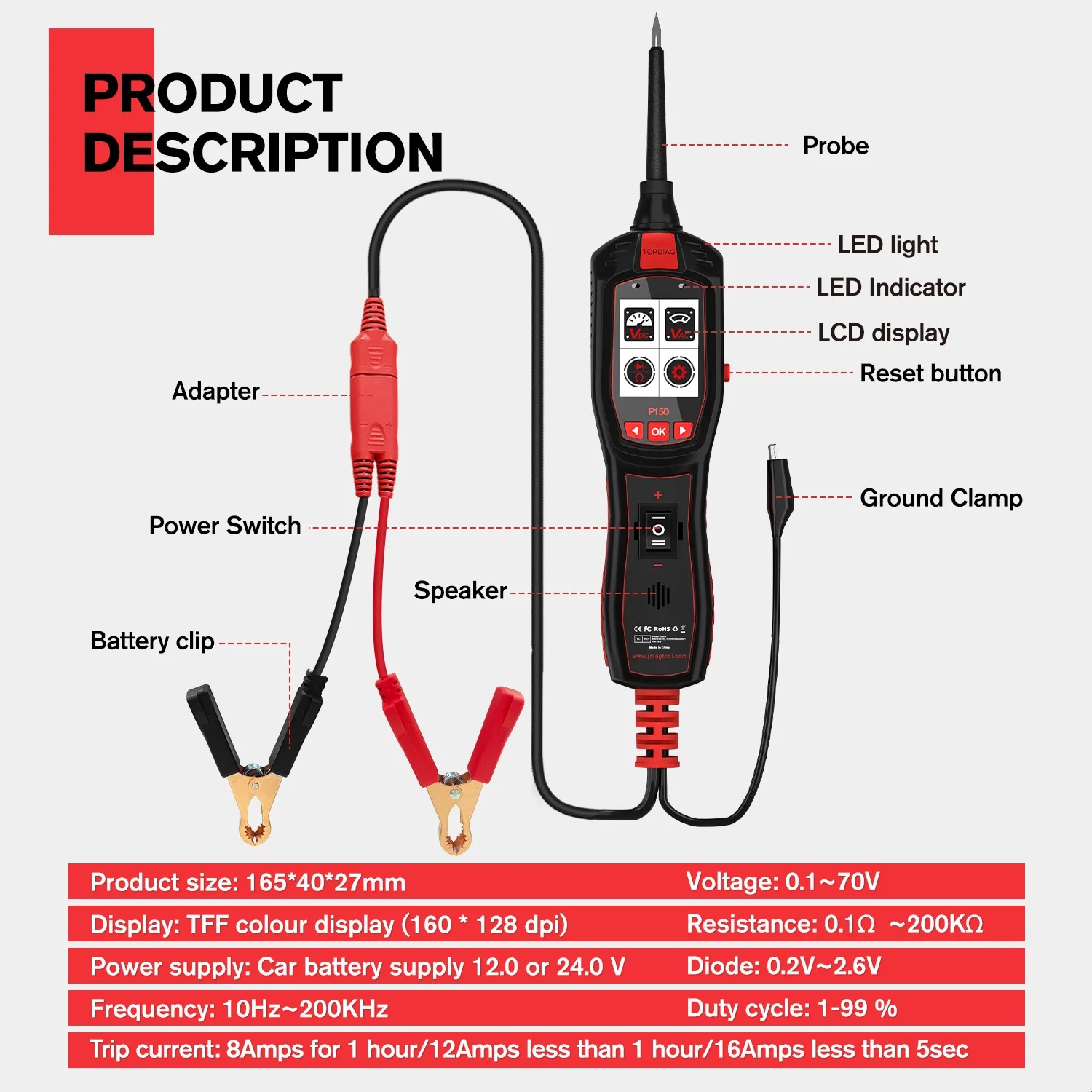 JDiag P150 Original Automotive Circuit Tester Power Circuit Probe Kit Built-in Flashlight Electrical System Diagnostic Tools