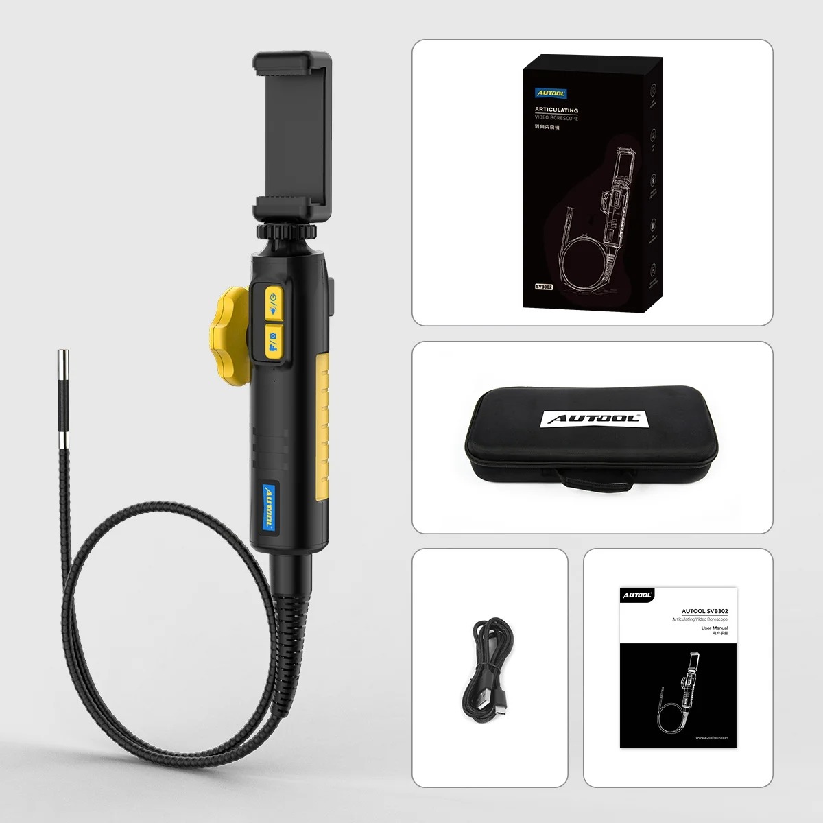 AUTOOL SVB302 Car Endoscope 1080HD 210° Multilingual LED Light Autofocus Camera Lens Flaw Detection  Automotive for Android/ IOS