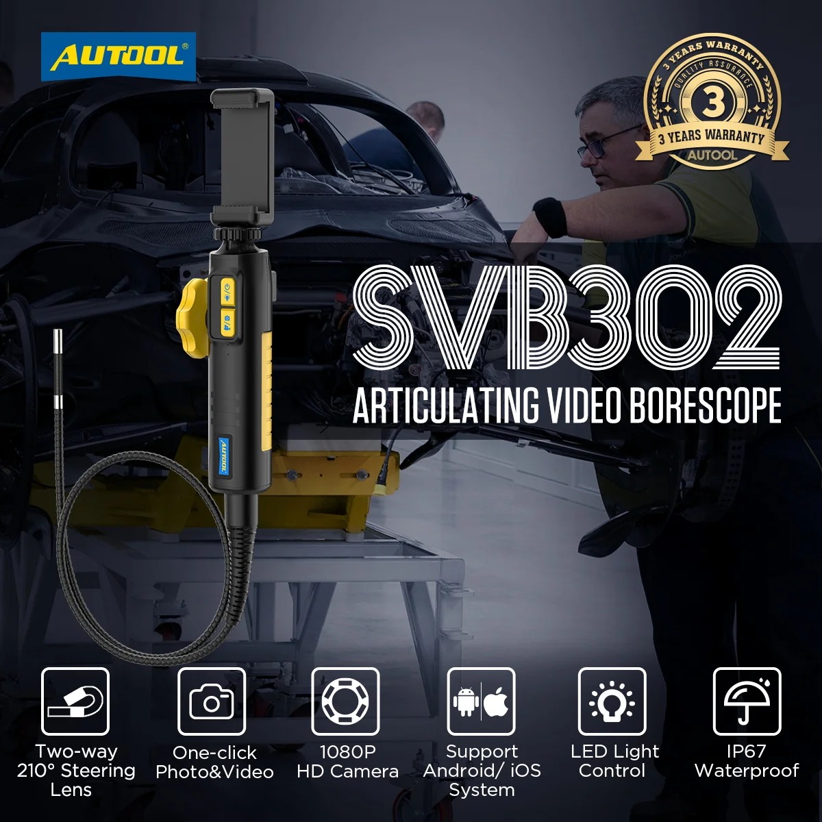 AUTOOL SVB302 Car Endoscope 1080HD 210° Multilingual LED Light Autofocus Camera Lens Flaw Detection  Automotive for Android/ IOS