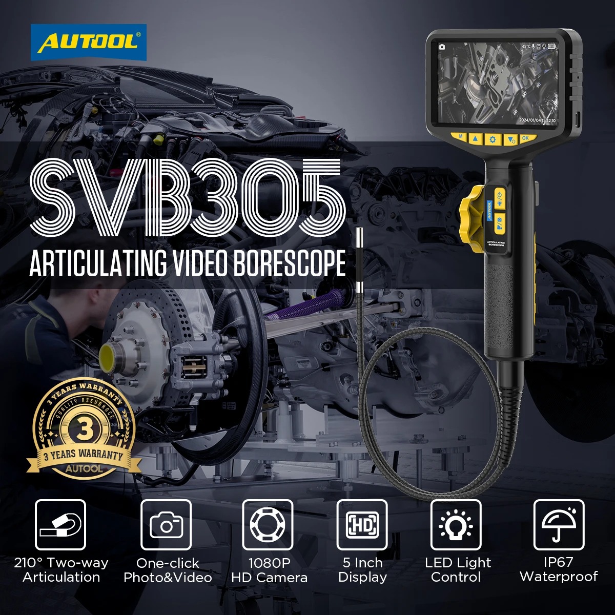 AUTOOL SVB305 Automotive Industrial Endoscope USB Video Endoscope Articulated Car Detection HD Camera for Mobile Car Pipeline