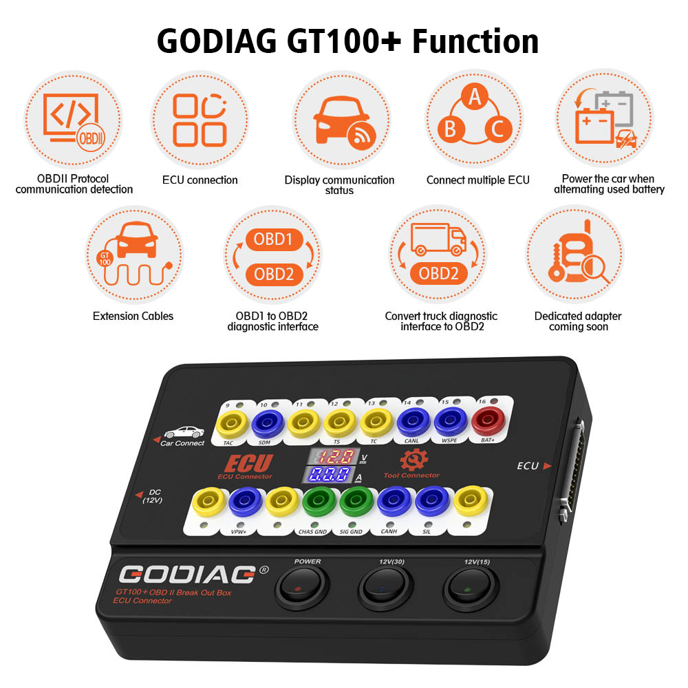 GODIAG GT100+ GT100 Pro OBDII Break Out Box ECU Bench Connector with Electronic Current Display and CANBUS Protocol