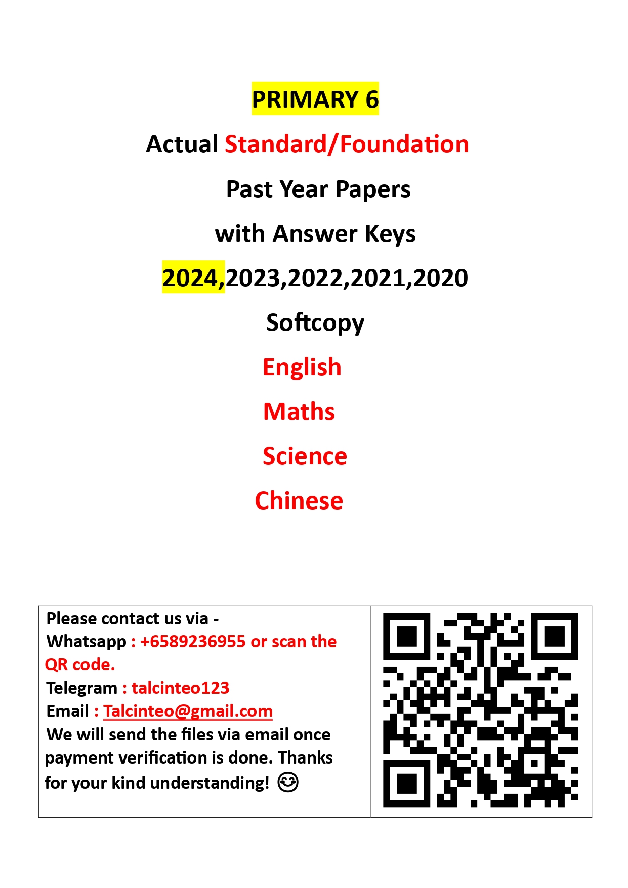 Actual Standard / Foundation PSLE Past Year Papers 2024 to 2020 PSLE MATH PSLE ENGLISH PSLE SCIENCE