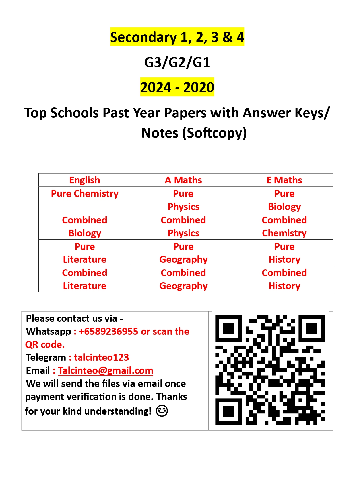 Secondary school exam papers ( G3 /G2 / G1 ) Top Schools Past Year Papers with Answer Keys/ Notes (Softcopy)