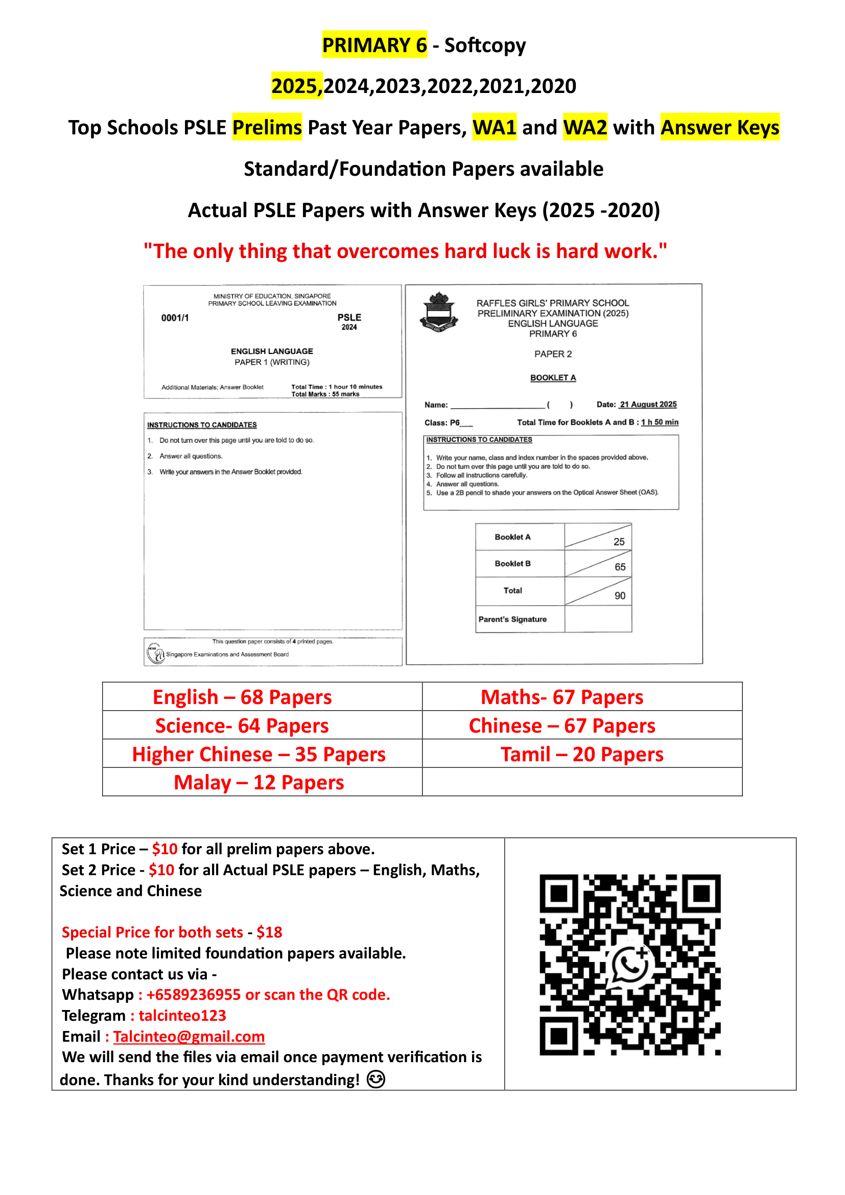 Top Schools PSLE Prelims Past Year Papers, WA1 and WA2 with Answer Keys - 2025,2024,2023,2022,2021, 2020