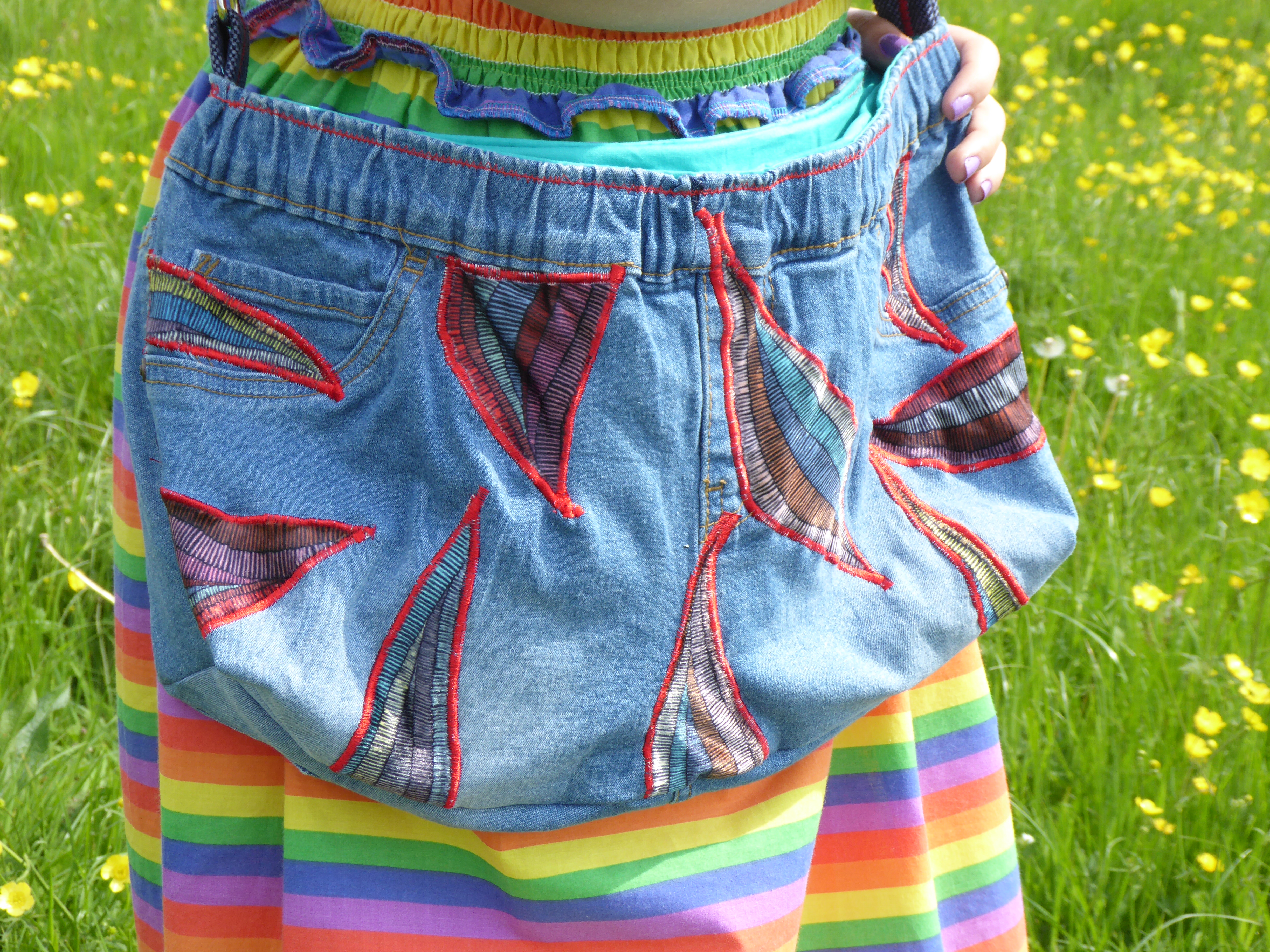 Applique velvet denim slouch bag