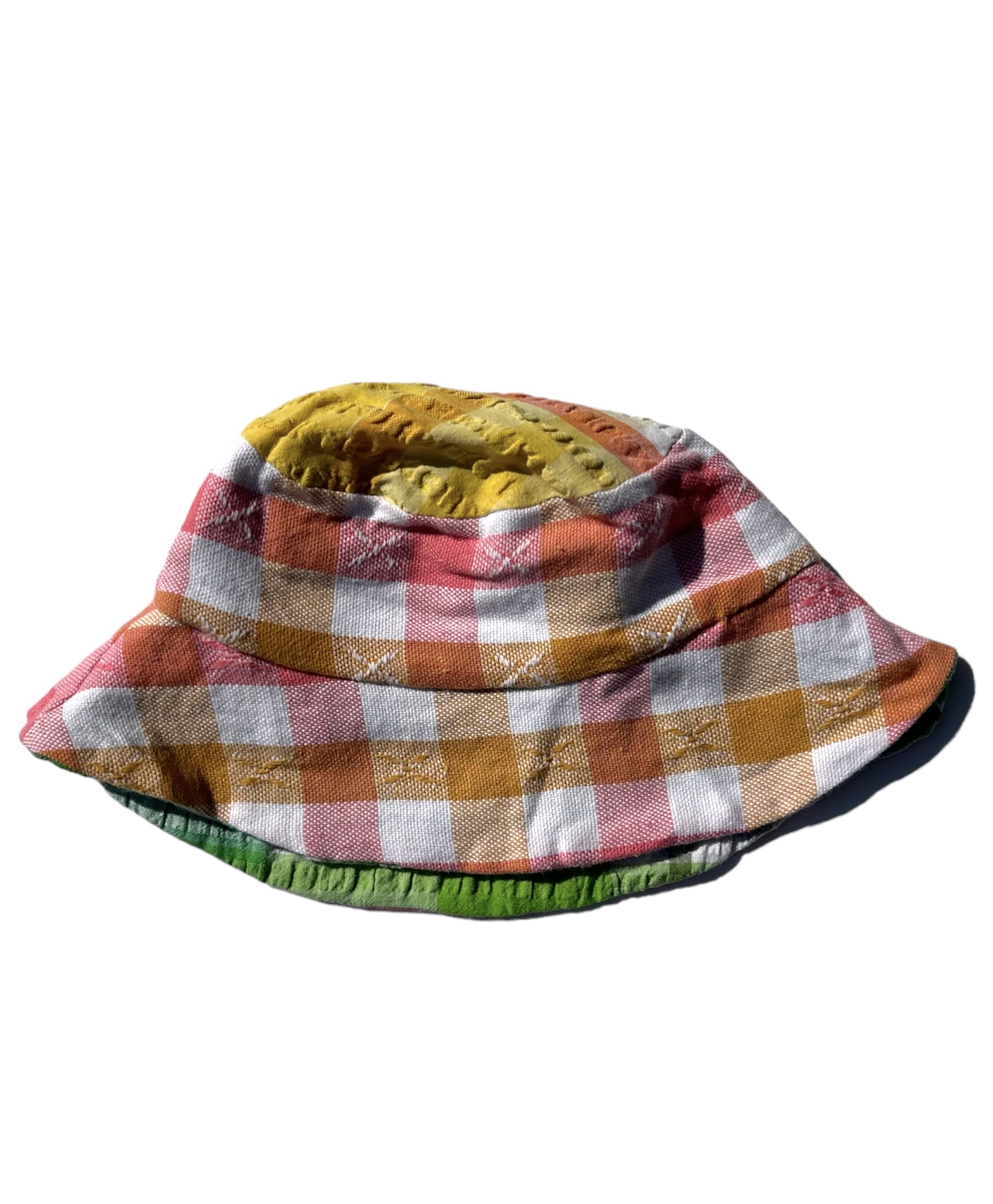Mango Peachy Yellow Patchwork Picnic See Ya Sucker Seersucker Upcycled Tablecloth Hat