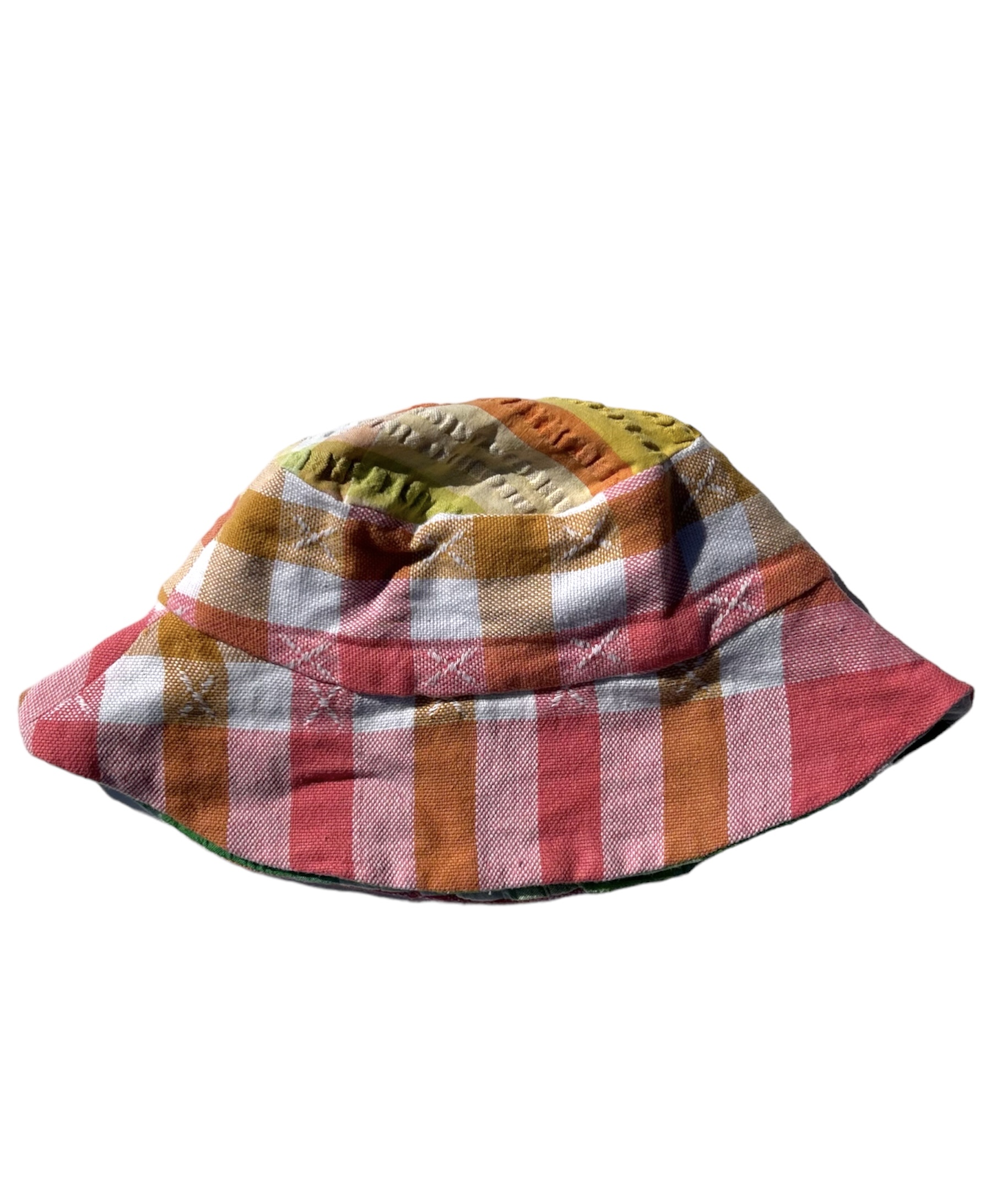 Mango Peachy Yellow Patchwork Picnic See Ya Sucker Seersucker Upcycled Tablecloth Hat 