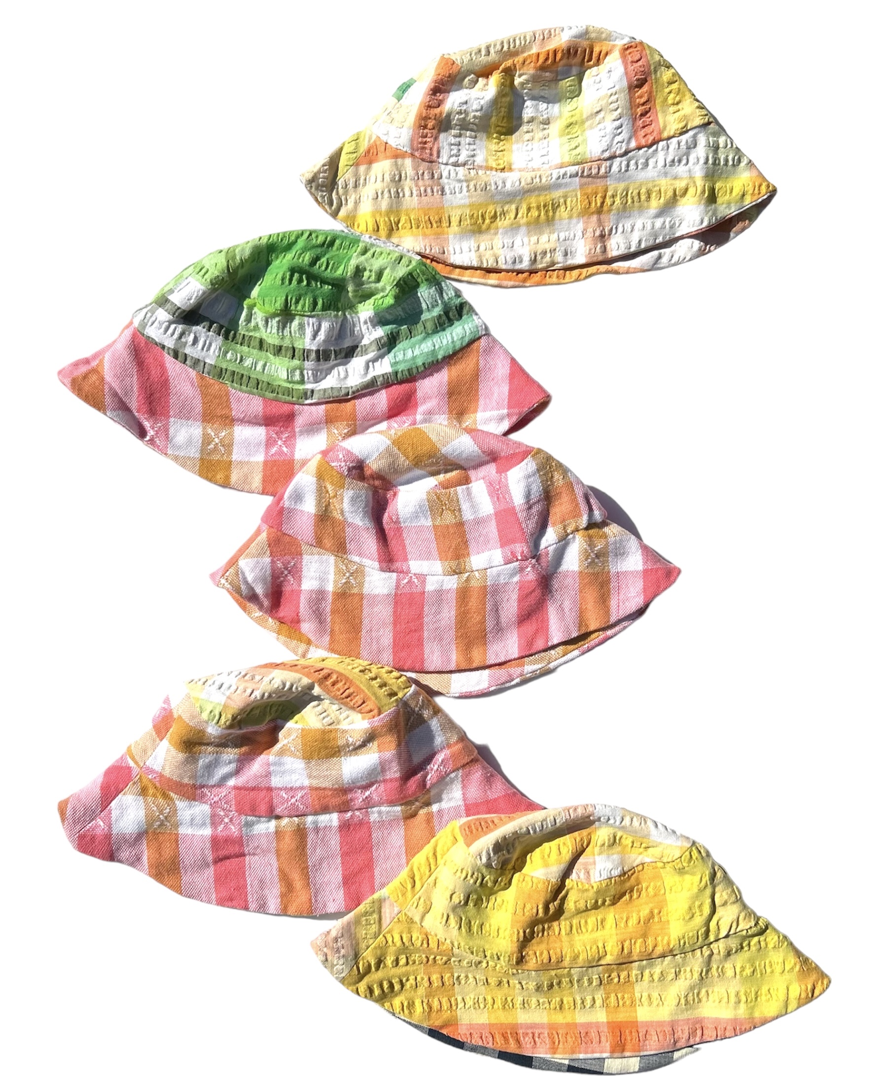 Saag and Mango Acher Peachy Patchwork Picnic See Ya Sucker Seersucker Upcycled Tablecloth Hat 