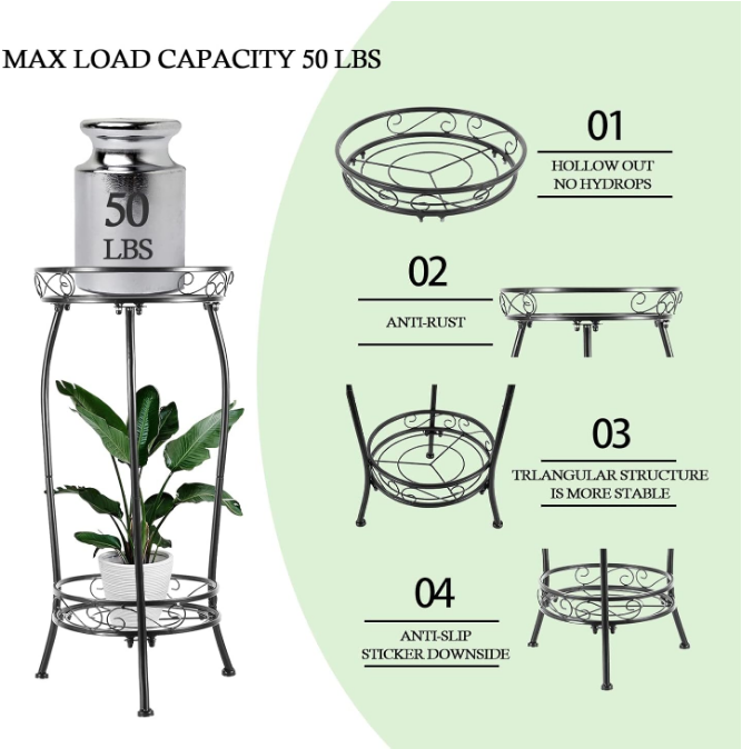 Plant Stand Indoor Outdoor，Tall Black Metal Rustproof Stable Plant Stands，2 Tier 27.1 inch Multiple Plant Rack Holder Rack Flower Pot Stand Heavy Duty Plant Shelf