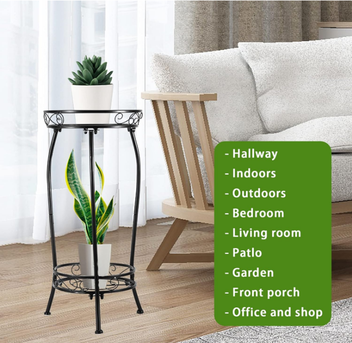 Plant Stand Indoor Outdoor，Tall Black Metal Rustproof Stable Plant Stands，2 Tier 27.1 inch Multiple Plant Rack Holder Rack Flower Pot Stand Heavy Duty Plant Shelf