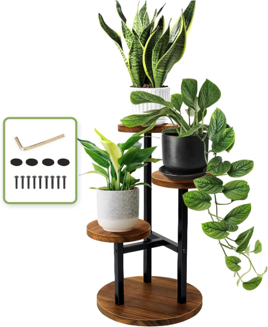 3 Tier Plant Stand, Tall Metal Wood Shelf Holder for Indoor, Outdoor Display Rack Flower Pot Stand for Corner Living Room Balcony Garden Patio
