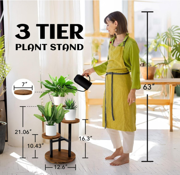 3 Tier Plant Stand, Tall Metal Wood Shelf Holder for Indoor, Outdoor Display Rack Flower Pot Stand for Corner Living Room Balcony Garden Patio