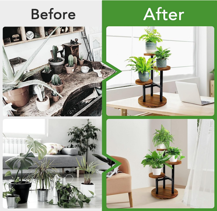 3 Tier Plant Stand, Tall Metal Wood Shelf Holder for Indoor, Outdoor Display Rack Flower Pot Stand for Corner Living Room Balcony Garden Patio