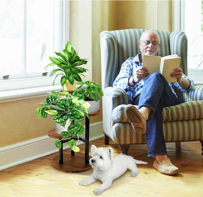 3 Tier Plant Stand, Tall Metal Wood Shelf Holder for Indoor, Outdoor Display Rack Flower Pot Stand for Corner Living Room Balcony Garden Patio