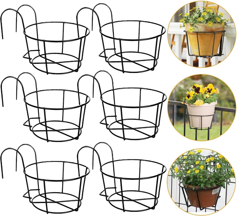 6 PCS Round Hanging Railing Planters Basket, Metal Hanging Railing Planter Flower Pot Holder, Iron Rack Fence Shelf plant holder with Detachable Hook for Balcony, Garden, Indoor and Outdoor (Black)