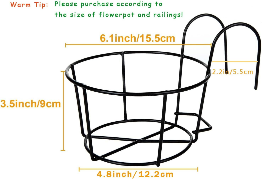6 PCS Round Hanging Railing Planters Basket, Metal Hanging Railing Planter Flower Pot Holder, Iron Rack Fence Shelf plant holder with Detachable Hook for Balcony, Garden, Indoor and Outdoor (Black)