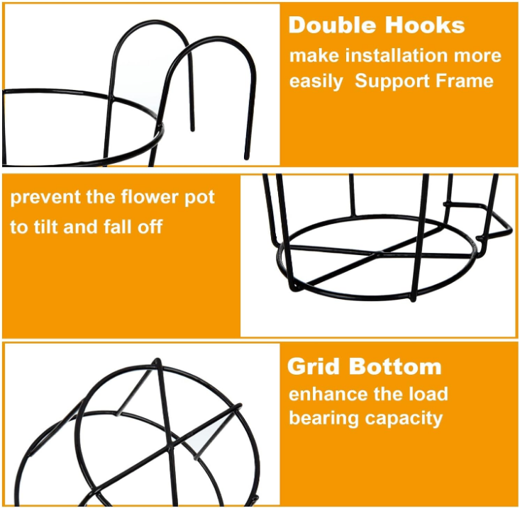 6 PCS Round Hanging Railing Planters Basket, Metal Hanging Railing Planter Flower Pot Holder, Iron Rack Fence Shelf plant holder with Detachable Hook for Balcony, Garden, Indoor and Outdoor (Black)