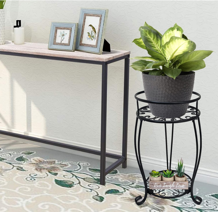 2 Tier Plant Stand, 19.2 inch Tall Metal Potted Holder Rack,Indoor Outdoor Multiple Flower Pot Shelf Rustproof Iron Garden Container for Garden Patio Living Room Corner Balcony, Black