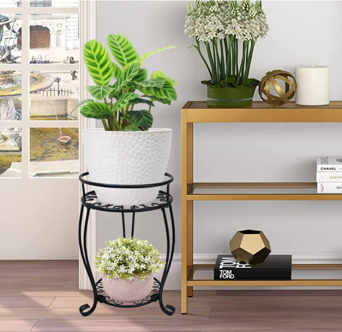 2 Tier Plant Stand, 19.2 inch Tall Metal Potted Holder Rack,Indoor Outdoor Multiple Flower Pot Shelf Rustproof Iron Garden Container for Garden Patio Living Room Corner Balcony, Black